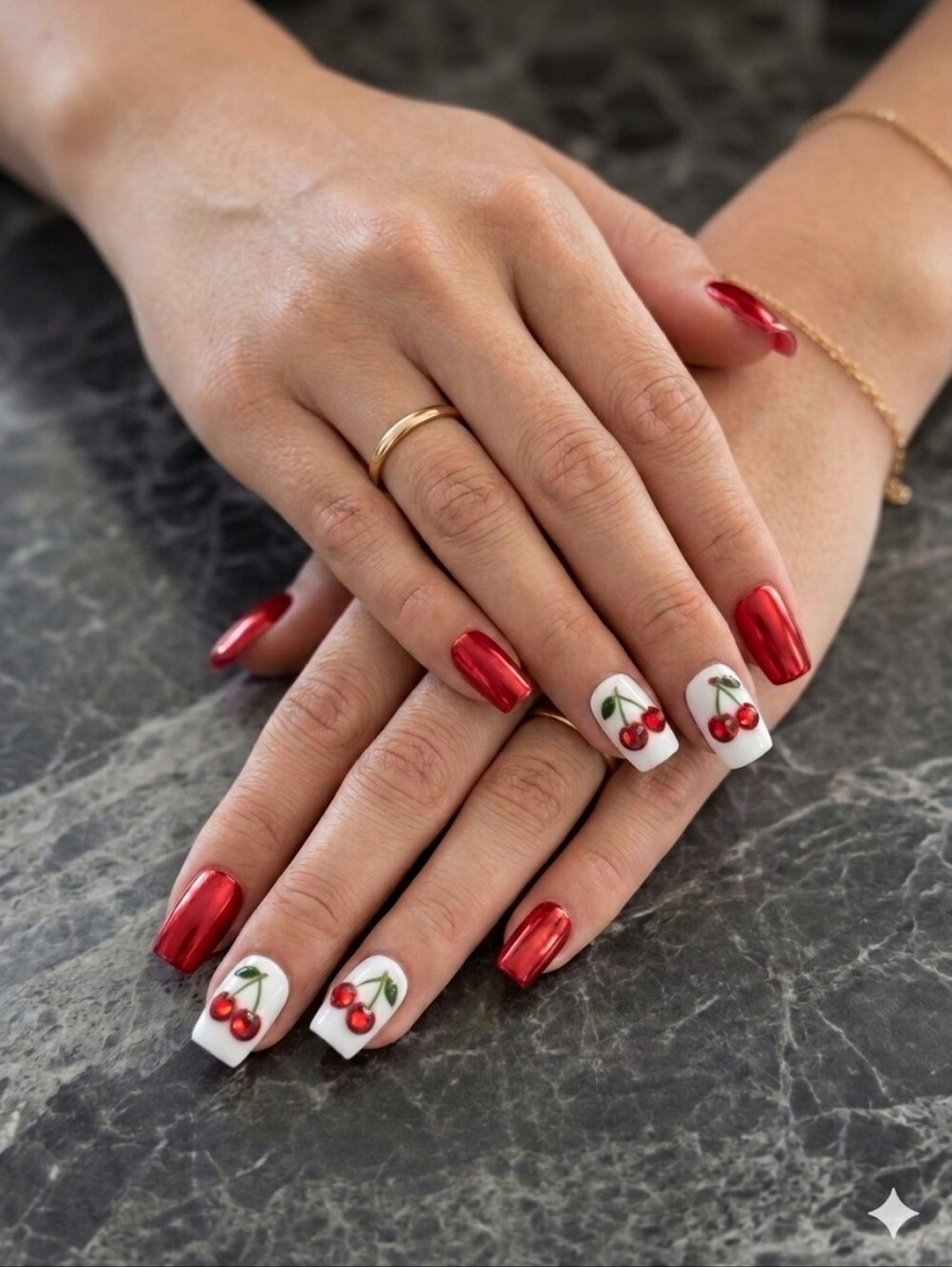 Glossy Cherry Press On Nails Set - Red & White 3D Rhinestone